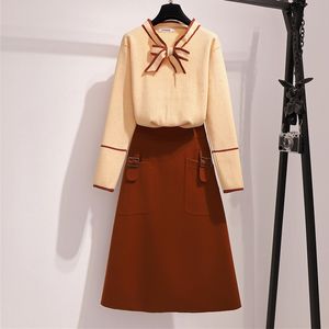 Vrouwen herfst warme trui tweedelige pak v-hals bowknot lange mouw gebreide top en rok effen kleur plus size matching set outfit
