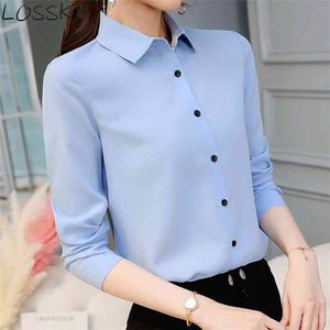 Mujeres otoño blanco Oficina dama ropa de trabajo camisas Casual manga larga botón gasa delgada elegante camisa Blusa mujer azul Blusa Top 210507