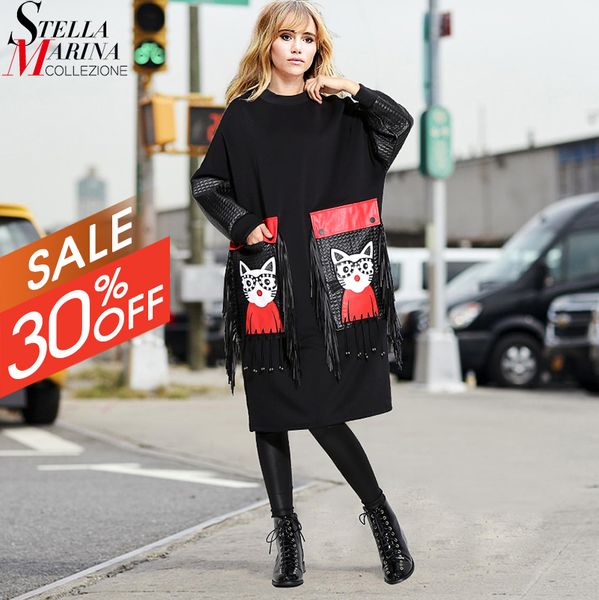 Femmes Automne Hiver Noir Midi Robe Plus Taille À Manches Longues Dessin Animé PU Poche Franges Dames Mignon Grande Robe Grande Robe 3084 201029