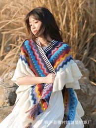 Vrouwen herfst winter Boheemse faux kasjmier etnische stijl lange dikke poncho sjaal sjaal vrouw grote slinger losse mantel jas 240319