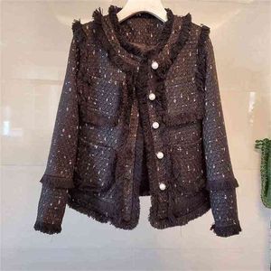 Femmes automne hiver bombardier veste Harajuku vêtements surdimensionnés Vêtements de dessus surdimensionnés Perle à poitrine noire Tweed 210603