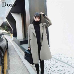 Vrouwen herfst winter chique dame wollen jas vrouwelijke midden-lange elegante Koreaanse stijl slanke bovenkleding s abrigo mujer 210515