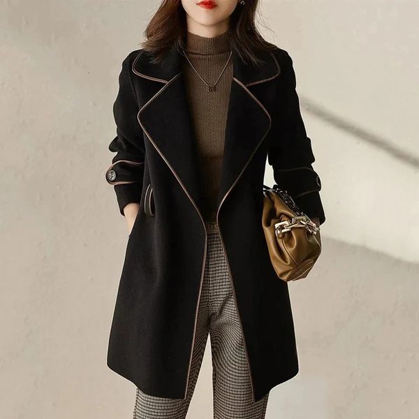 Femmes automne hiver élégant manteau de laine avec ceinture couleur unie à manches longues vêtements d'extérieur dames veste pardessus noir Camel Streetwear 231225