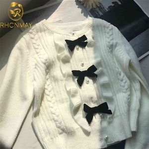 Vrouwen Herfst Winter Mode Bowknot Weave Pearl Knoppen Cardigan Sweater Lange Mouwen Gebreide Bovenkleding Jas 210506