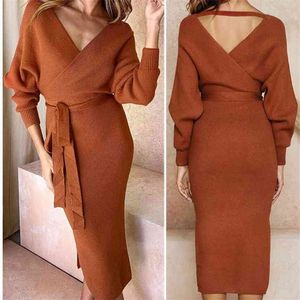 Femmes automne hiver tricoté mince sexy robe midi col en V à manches longues ceinture fendue tunique décontractée enveloppement bandage es robes 210507