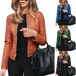 Vestes Femmes Femmes Automne Hiver Couleur Solid Collier Col Faux Cuir Zipper Slim Coat Jacket élégant 2021 Outwear1