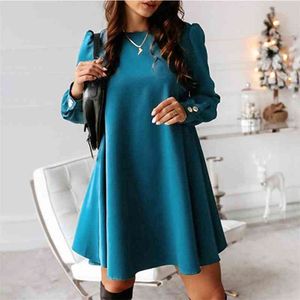 Femmes dos métal boutons o-cou chemise Mini robe à manches longues a-ligne tuniques femmes robes 2021 printemps été Vestidos grande taille 210322