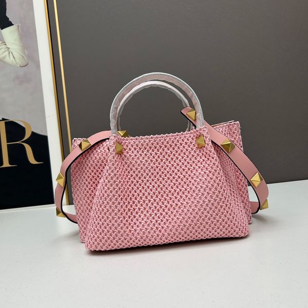 Bolsos de mujer Bolso tejido a la moda Bolsos con remaches de gran capacidad Bolsos cruzados de hierba de Lafite natural Bolsos con asa de cuero genuino Bolsos de estilo fresco para dama