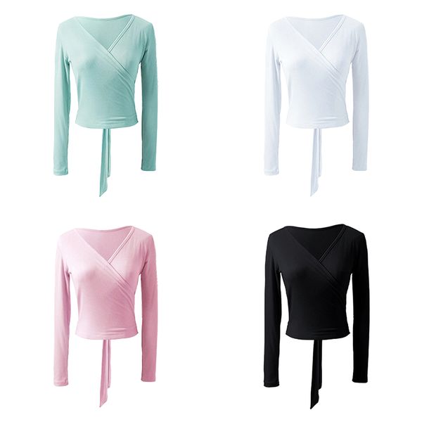 Mujeres Ballet Gimnastic Leotard Tops mangas largas V Cuello sólido Cabalde el estiramiento de la chaqueta de crochet Ropa de baile para gimnasia Yoga