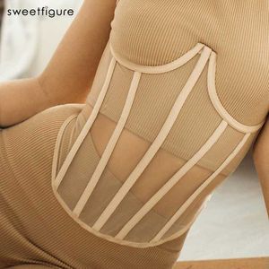 Femmes Bandage Corset Taille Entraîneur Sexy Mesh Shapewear Cincher Underbust Femme High Street Ceinture Slim Lady Body Shaper 210708