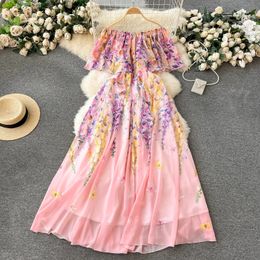 Dames Basis Casual jurken mode prachtige bloem chiffon cool schouder ruches jurk dames slash nek korte mouw bloemenprint boho robe Vestidos 2024