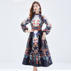 Vrouwen Basic Casual Jurken Nieuwe Runway Zomer Bloemen Vakantie Jurk Vintage Vrouwen Stand Kraag Chiffon Bloemenprint Lantaarn Mouw Baljurk Midi vestidos 2024