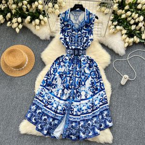 Dames Basis Casual jurken Runway blauw en witte porseleinen bloemprinttankjurk dames mouwloze single breasted riem Midi Beach Party Vestidos 2024