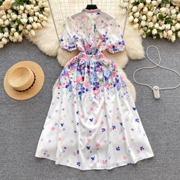 Femmes Robes décontractées de base Summer Bohemian Holiday Long Robe Robe Verway V-Neck Puff Sleeve Flower Print A-Line Party Vestidos Women Vêtements 2024