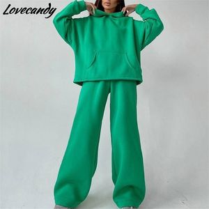 Femmes Basique À Capuche Survêtement Deux Pièces Ensembles Pull Sweat Haut Et Taille Haute Jambe Large Pantalon Costumes Femme Mode Streetwear 220326