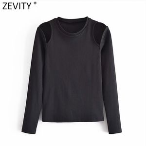 Femmes basique O cou épaule évider conception noir tricoté décontracté Slim T-shirt femme Chic été hauts T800 210416