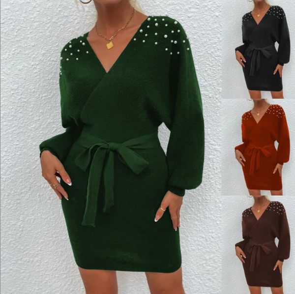 Femmes Batwing Sweater Robe Pearls V cou tricot tricot bodyconmcon élégant mini robes à manches longues robes formelles extensibles