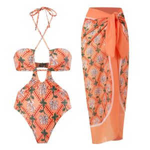 HBPWomen Beach Bath Outlet Outfits Pour Bikini Deux Pièces 2023 Nouveau Maroc Imprimer Maillot De Bain Fumée Cou One Piece Veil Spandex Surf Wear