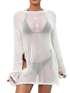 Femmes Bikini Beach Cover up Robe Casual Long Manches transparente Voir à travers un maillot de bain de chemisier tunique