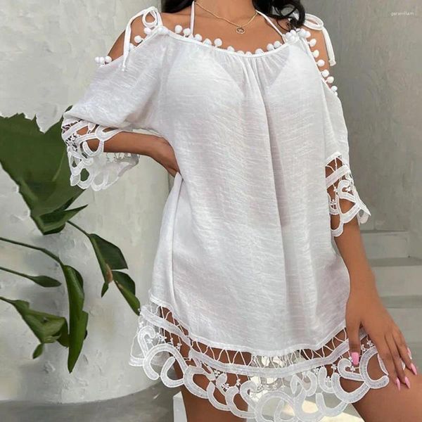 Femmes plage couvrir dos nu demi manches licou cou crème solaire haut dentelle Crochet été vacances Mini robe vêtements