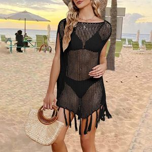 Dames Beach Cover Up Plus Size Hollow Out Swimsuit Holiday Smock met Fringe Solid Color Bathing Suit Ups Mini Dress