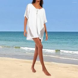 Vrouwen strand bedekken ontspannen fit blouse stijlvolle veter voor v-hals halve mouw zwemzon bescherming