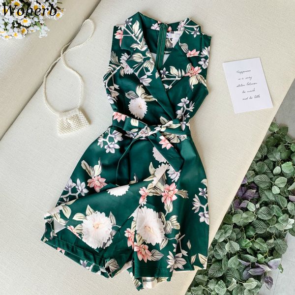 Mujeres Playa Estampado floral Mamelucos Mujer Verano Mono corto Sin mangas Monos Elegante Oficina Trabajo Playsuit 39986 210519