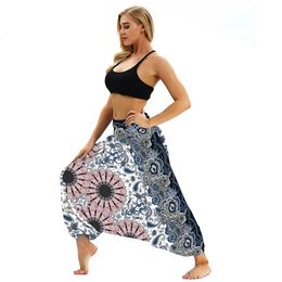 Pantalon de plage pour femmes Bohemia Gypsy hippie sarouel large jambe harem paon plume imprimement élastique dames lâches 240402