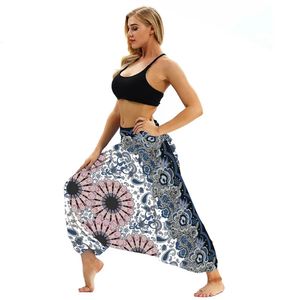 Mujeres pantalones de playa pantalones bohemia gypsy hippie sarouel harem de pierna pavo real estampado de plumas damas elásticas sueltas 240402