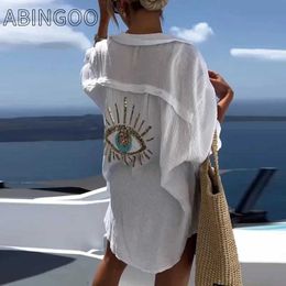 Women Beach Wear Abingoo Evil Eye Casual Sequin Camiseta de cuentas de la moda Moda de estilo Beach Sunssco de algodón solar para mujer suelta más camisa Y240504