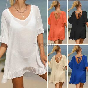 Femmes plage Wear Summer White-Blouse Shirts For Women Femmes à manches évasées courtes en coton en vrac Puer en bikini couverture de Bohemio Robe D240507