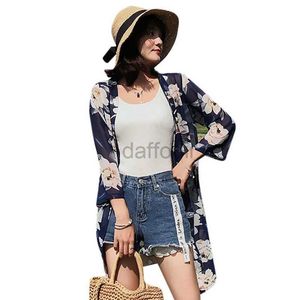 Women Beach Wear Womens Floral Mariffon Kimono Cardigans Loose Beach Cover Up Three-Quarter Sleve Tops D240501