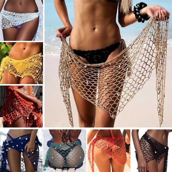 Femmes Beach Weave Main Crochet Wrap Châles Sexy Bikini Cover Up Crème Solaire Filets Jupe Maille Tunique Paréo Beachwear 220524