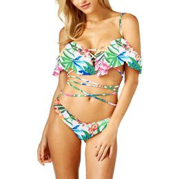 Ropa de playa para mujer, traje de baño Sexy con tiras y cordones, Bikini con volantes y parte inferior floral, conjunto de trajes de baño, Bikini brasileño