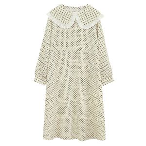 Dames Beige Zwart Bruin Kant Patchwork Peter Pan Collar Hart Print Lange Mouw Empire A-lijn Midi Jurk D2515 210514