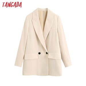 Femmes Beige Blazer lâche double boutonnage Vintage Poches à manches longues Femme Vêtements d'extérieur Chic Veste BE408 210416