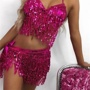 Femmes danse du ventre soutien-gorge haut licou Bling col en V dos nu à lacets paillettes frange culture fête Clubwear plage Rave Festival 220325