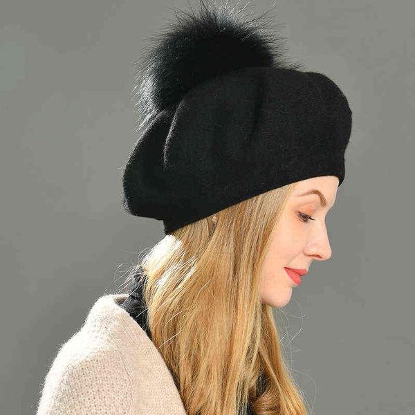 Boinas de mujer Sombrero de invierno Boinas de lana tejidas casuales para mujer con pompón de piel de mapache natural Primavera para mujer Sombreros de boina de color sólido J220722