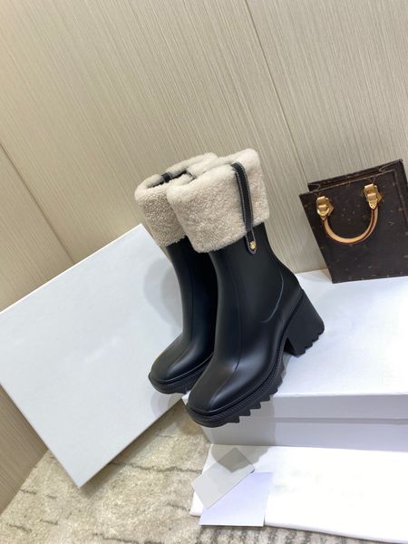 Botas Betty para mujer, botas de lluvia altas, zapatos Welly, tacones altos, plataforma Beeled de goma de Pvc, zapatos impermeables negros hasta la rodilla para exteriores