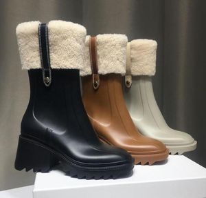 Vrouwen Betty PVC laarzen beeled fur hoge hakken kniehoge lange regenlaars waterdichte welly rubber zolen platform schoenen buiten regenshoes sneeuwlaarzen
