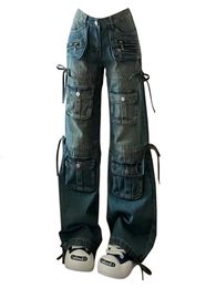 Femmes BF Style Y2K Streetwear Harajuku Baggy Pantalon de cargaison de denim bleu multi-poche bas Jeans larges de jambe large des années 2000 KPOP 231221