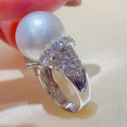 Femmes Big Pearl Ring Wedding Emgagement Zircon Rings Gift for Love Girlfriend Fashion Jewelry