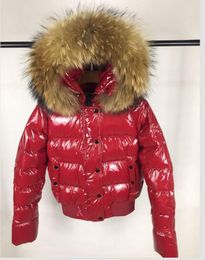 Abrigo con capucha de piel de mapache auténtica grande para mujer, chaqueta gruesa cálida corta de cintura alta, Parkas impermeables, negro/rojo, talla 1234