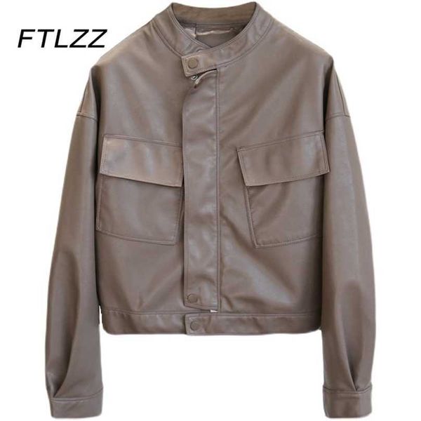 Femmes Biker Moto Veste Printemps Automne Casual Lâche Coréen Faux Eather Blazers Manteau Femme Brun Court Outwear 210525