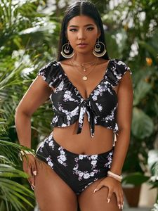Vrouwen Bikini Set Badmode Plus Size Hoge Taille Bloemen Badpak Larges Big Plussize Badpakken Badpak Beachwear 240322
