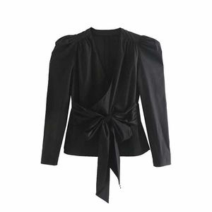 Femmes noir Blouses avec nœud col en v Vintage manches bouffantes élégante dame chemise Chic hauts femme blouses femme 210709