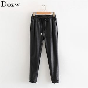 Vrouwen zwart chic pu lederen broek elastische taille lange lengte elegante bodems trekkoord stropdas zakken basic vrouwelijke broek XS-XL 210515