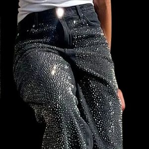 Vrouwen zwarte kleding jeans Rhineston Design Baggy Pants Hoge taille Wide Zuage Casual Y2K Style Dames jeans lente 2024 240415