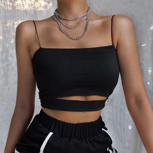 Mujeres Negro Crop Top Verano Sexy Lencería Camis Ropa Moda Coreana Sólido Hollow Out Fitness Streetwear Tank Tops 210517