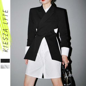 Femmes Black Cross Split Joint Blazer Revers à manches longues Loose Fit Veste Mode Printemps Automne 210608